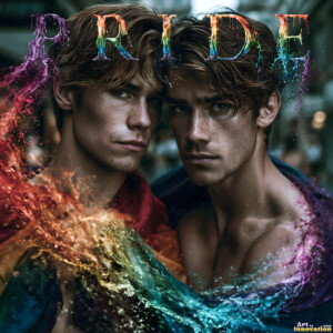 AI-generated Pride celebration art handsome men at vibrant LGBTQ+ Pride parades, embellished with rainbow colors, walking with pride, and celebrating love. By Jeff Dupler.