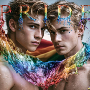 AI-generated Pride celebration art handsome men at vibrant LGBTQ+ Pride parades, embellished with rainbow colors, walking with pride, and celebrating love. By Jeff Dupler.