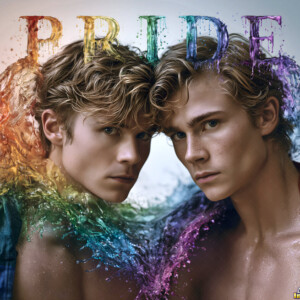 AI-generated Pride celebration art handsome men at vibrant LGBTQ+ Pride parades, embellished with rainbow colors, walking with pride, and celebrating love. By Jeff Dupler.