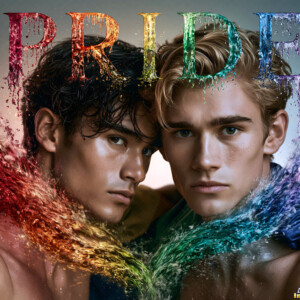 AI-generated Pride celebration art handsome men at vibrant LGBTQ+ Pride parades, embellished with rainbow colors, walking with pride, and celebrating love. By Jeff Dupler.