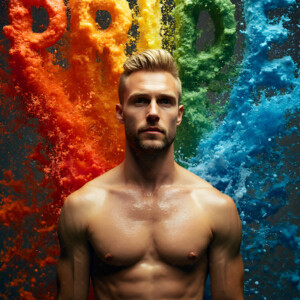 AI-generated Pride celebration art — handsome men at vibrant LGBTQ+ Pride parades, embellished with rainbow colors, walking with pride, and celebrating love. By Jeff Dupler.
