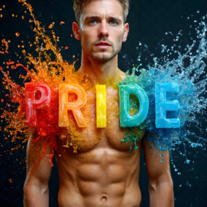 AI-generated Pride celebration art — handsome men at vibrant LGBTQ+ Pride parades, embellished with rainbow colors, walking with pride, and celebrating love. By Jeff Dupler.