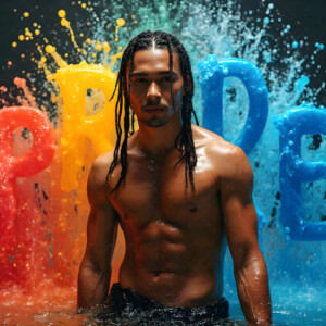AI-generated Pride celebration art handsome men at vibrant LGBTQ+ Pride parades, embellished with rainbow colors, walking with pride, and celebrating love. By Jeff Dupler.
