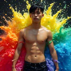 AI-generated Pride celebration art handsome men at vibrant LGBTQ+ Pride parades, embellished with rainbow colors, walking with pride, and celebrating love. By Jeff Dupler.
