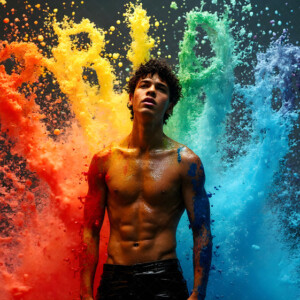 AI-generated Pride celebration art handsome men at vibrant LGBTQ+ Pride parades, embellished with rainbow colors, walking with pride, and celebrating love. By Jeff Dupler.