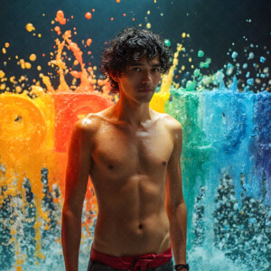AI-generated Pride celebration art handsome men at vibrant LGBTQ+ Pride parades, embellished with rainbow colors, walking with pride, and celebrating love. By Jeff Dupler.