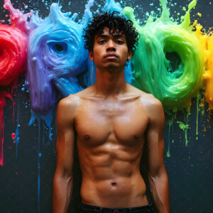 AI-generated Pride celebration art handsome men at vibrant LGBTQ+ Pride parades, embellished with rainbow colors, walking with pride, and celebrating love. By Jeff Dupler.