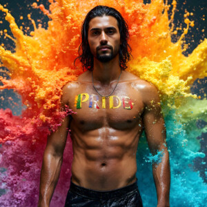 AI-generated Pride celebration art handsome men at vibrant LGBTQ+ Pride parades, embellished with rainbow colors, walking with pride, and celebrating love. By Jeff Dupler.
