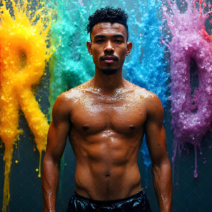 AI-generated Pride celebration art handsome men at vibrant LGBTQ+ Pride parades, embellished with rainbow colors, walking with pride, and celebrating love. By Jeff Dupler.