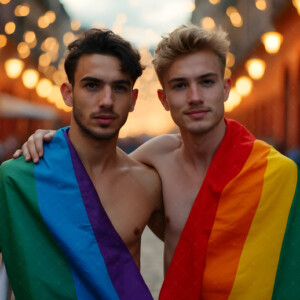 AI-generated Pride celebration art handsome men at vibrant LGBTQ+ Pride parades, embellished with rainbow colors, walking with pride, and celebrating love. By Jeff Dupler.