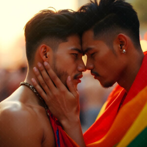 AI-generated Pride celebration art handsome men at vibrant LGBTQ+ Pride parades, embellished with rainbow colors, walking with pride, and celebrating love. By Jeff Dupler.