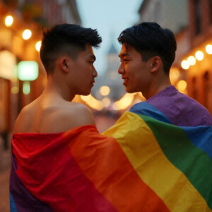 AI-generated Pride celebration art handsome men at vibrant LGBTQ+ Pride parades, embellished with rainbow colors, walking with pride, and celebrating love. By Jeff Dupler.