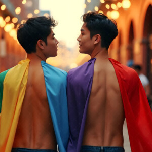 AI-generated Pride celebration art handsome men at vibrant LGBTQ+ Pride parades, embellished with rainbow colors, walking with pride, and celebrating love. By Jeff Dupler.
