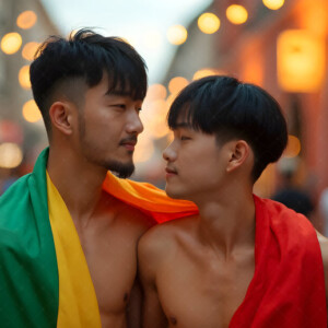 AI-generated Pride celebration art handsome men at vibrant LGBTQ+ Pride parades, embellished with rainbow colors, walking with pride, and celebrating love. By Jeff Dupler.