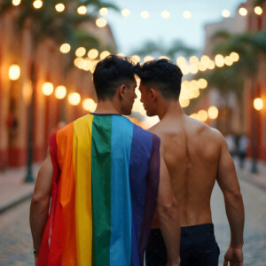 AI-generated Pride celebration art handsome men at vibrant LGBTQ+ Pride parades, embellished with rainbow colors, walking with pride, and celebrating love. By Jeff Dupler.