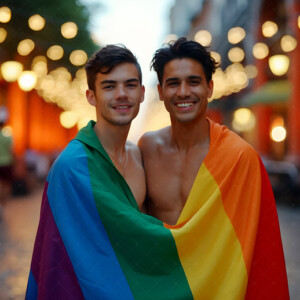 AI-generated Pride celebration art handsome men at vibrant LGBTQ+ Pride parades, embellished with rainbow colors, walking with pride, and celebrating love. By Jeff Dupler.