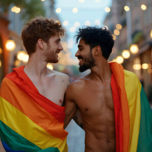 AI-generated Pride celebration art handsome men at vibrant LGBTQ+ Pride parades, embellished with rainbow colors, walking with pride, and celebrating love. By Jeff Dupler.