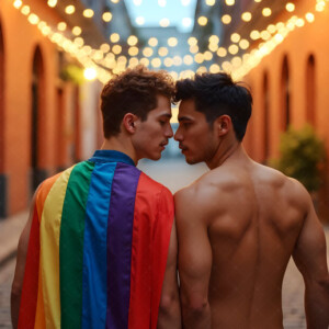 AI-generated Pride celebration art handsome men at vibrant LGBTQ+ Pride parades, embellished with rainbow colors, walking with pride, and celebrating love. By Jeff Dupler.