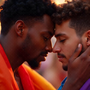 AI-generated Pride celebration art handsome men at vibrant LGBTQ+ Pride parades, embellished with rainbow colors, walking with pride, and celebrating love. By Jeff Dupler.