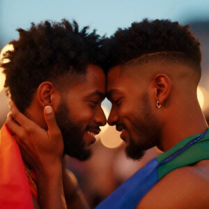 AI-generated Pride celebration art handsome men at vibrant LGBTQ+ Pride parades, embellished with rainbow colors, walking with pride, and celebrating love. By Jeff Dupler.