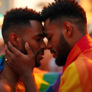 AI-generated Pride celebration art handsome men at vibrant LGBTQ+ Pride parades, embellished with rainbow colors, walking with pride, and celebrating love. By Jeff Dupler.