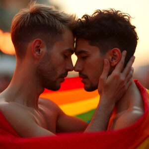 AI-generated Pride celebration art handsome men at vibrant LGBTQ+ Pride parades, embellished with rainbow colors, walking with pride, and celebrating love. By Jeff Dupler.