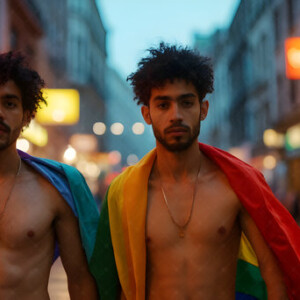 AI-generated Pride celebration art handsome men at vibrant LGBTQ+ Pride parades, embellished with rainbow colors, walking with pride, and celebrating love. By Jeff Dupler.