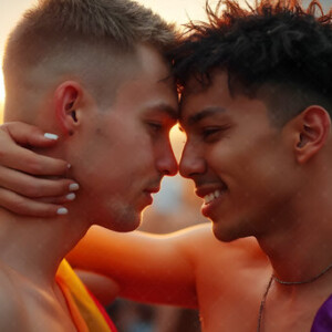 AI-generated Pride celebration art handsome men at vibrant LGBTQ+ Pride parades, embellished with rainbow colors, walking with pride, and celebrating love. By Jeff Dupler.