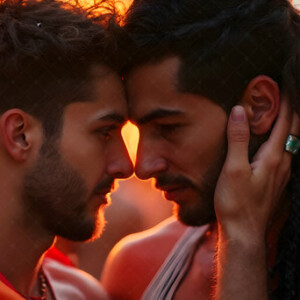AI-generated Pride celebration art handsome men at vibrant LGBTQ+ Pride parades, embellished with rainbow colors, walking with pride, and celebrating love. By Jeff Dupler.