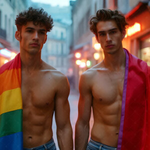 AI-generated Pride celebration art handsome men at vibrant LGBTQ+ Pride parades, embellished with rainbow colors, walking with pride, and celebrating love. By Jeff Dupler.