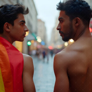 AI-generated Pride celebration art handsome men at vibrant LGBTQ+ Pride parades, embellished with rainbow colors, walking with pride, and celebrating love. By Jeff Dupler.