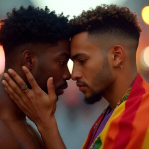 AI-generated Pride celebration art handsome men at vibrant LGBTQ+ Pride parades, embellished with rainbow colors, walking with pride, and celebrating love. By Jeff Dupler.