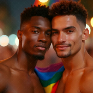 AI-generated Pride celebration art handsome men at vibrant LGBTQ+ Pride parades, embellished with rainbow colors, walking with pride, and celebrating love. By Jeff Dupler.