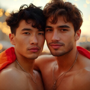 AI-generated Pride celebration art handsome men at vibrant LGBTQ+ Pride parades, embellished with rainbow colors, walking with pride, and celebrating love. By Jeff Dupler.