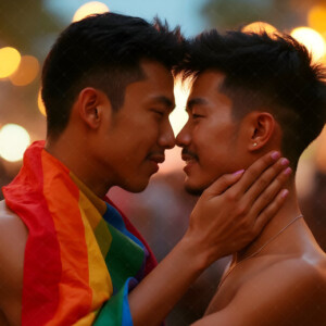 AI-generated Pride celebration art handsome men at vibrant LGBTQ+ Pride parades, embellished with rainbow colors, walking with pride, and celebrating love. By Jeff Dupler.