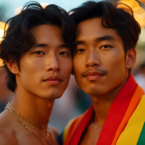 AI-generated Pride celebration art handsome men at vibrant LGBTQ+ Pride parades, embellished with rainbow colors, walking with pride, and celebrating love. By Jeff Dupler.