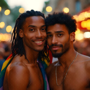 AI-generated Pride celebration art handsome men at vibrant LGBTQ+ Pride parades, embellished with rainbow colors, walking with pride, and celebrating love. By Jeff Dupler.