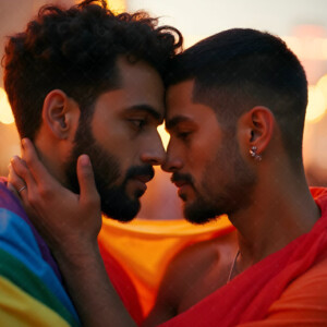 AI-generated Pride celebration art handsome men at vibrant LGBTQ+ Pride parades, embellished with rainbow colors, walking with pride, and celebrating love. By Jeff Dupler.