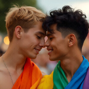 AI-generated Pride celebration art handsome men at vibrant LGBTQ+ Pride parades, embellished with rainbow colors, walking with pride, and celebrating love. By Jeff Dupler.