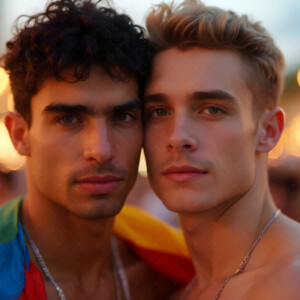 AI-generated Pride celebration art handsome men at vibrant LGBTQ+ Pride parades, embellished with rainbow colors, walking with pride, and celebrating love. By Jeff Dupler.
