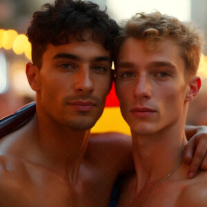 AI-generated Pride celebration art handsome men at vibrant LGBTQ+ Pride parades, embellished with rainbow colors, walking with pride, and celebrating love. By Jeff Dupler.