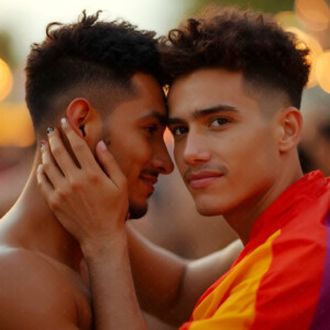 AI-generated Pride celebration art — handsome men at vibrant LGBTQ+ Pride parades, embellished with rainbow colors, walking with pride, and celebrating love. By Jeff Dupler.