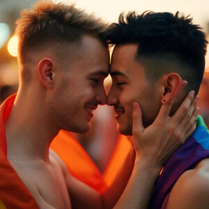 AI-generated Pride celebration art handsome men at vibrant LGBTQ+ Pride parades, embellished with rainbow colors, walking with pride, and celebrating love. By Jeff Dupler.