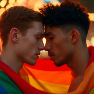 AI-generated Pride celebration art handsome men at vibrant LGBTQ+ Pride parades, embellished with rainbow colors, walking with pride, and celebrating love. By Jeff Dupler.