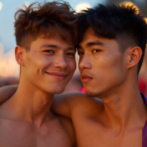 AI-generated Pride celebration art handsome men at vibrant LGBTQ+ Pride parades, embellished with rainbow colors, walking with pride, and celebrating love. By Jeff Dupler.