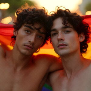 AI-generated Pride celebration art handsome men at vibrant LGBTQ+ Pride parades, embellished with rainbow colors, walking with pride, and celebrating love. By Jeff Dupler.