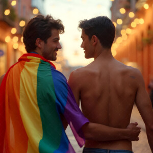 AI-generated Pride celebration art handsome men at vibrant LGBTQ+ Pride parades, embellished with rainbow colors, walking with pride, and celebrating love. By Jeff Dupler.