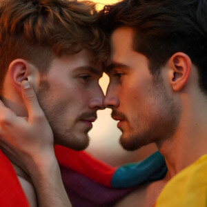 AI-generated Pride celebration art handsome men at vibrant LGBTQ+ Pride parades, embellished with rainbow colors, walking with pride, and celebrating love. By Jeff Dupler.