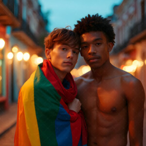 AI-generated Pride celebration art handsome men at vibrant LGBTQ+ Pride parades, embellished with rainbow colors, walking with pride, and celebrating love. By Jeff Dupler.