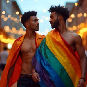 AI-generated Pride celebration art handsome men at vibrant LGBTQ+ Pride parades, embellished with rainbow colors, walking with pride, and celebrating love. By Jeff Dupler.